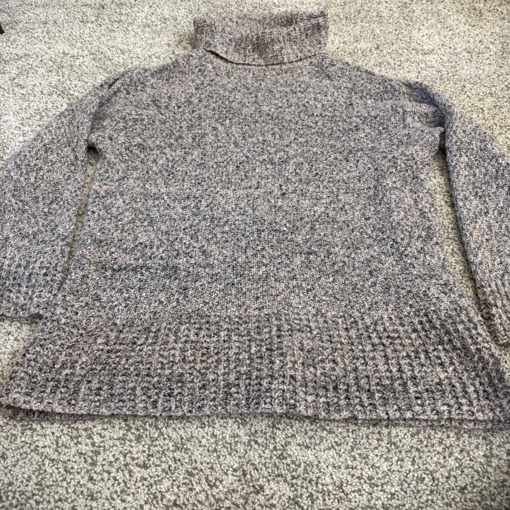Womens L Marled Chunky Knit Turtleneck Sweater Grey Pink Black Preppy Acadamia